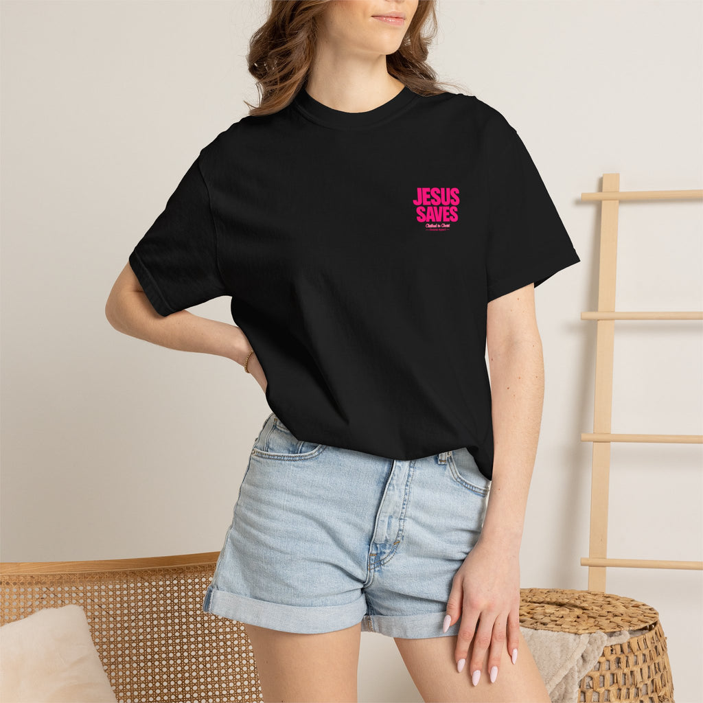 Jesus Saves T‑Shirt — Bold Pink Faith Graphic Tee Printify