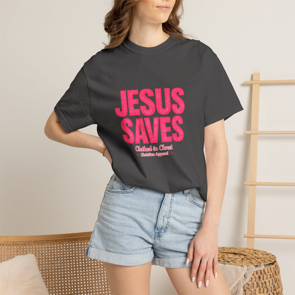 Clothed In Christ -Jesus Saves T-Shirt — Bold Pink Christian Faith Tee Printify