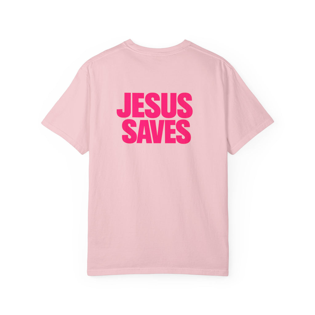 Jesus Saves T‑Shirt — Bold Pink Faith Graphic Tee Printify