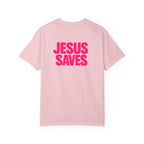 Jesus Saves T‑Shirt — Bold Pink Faith Graphic Tee Printify