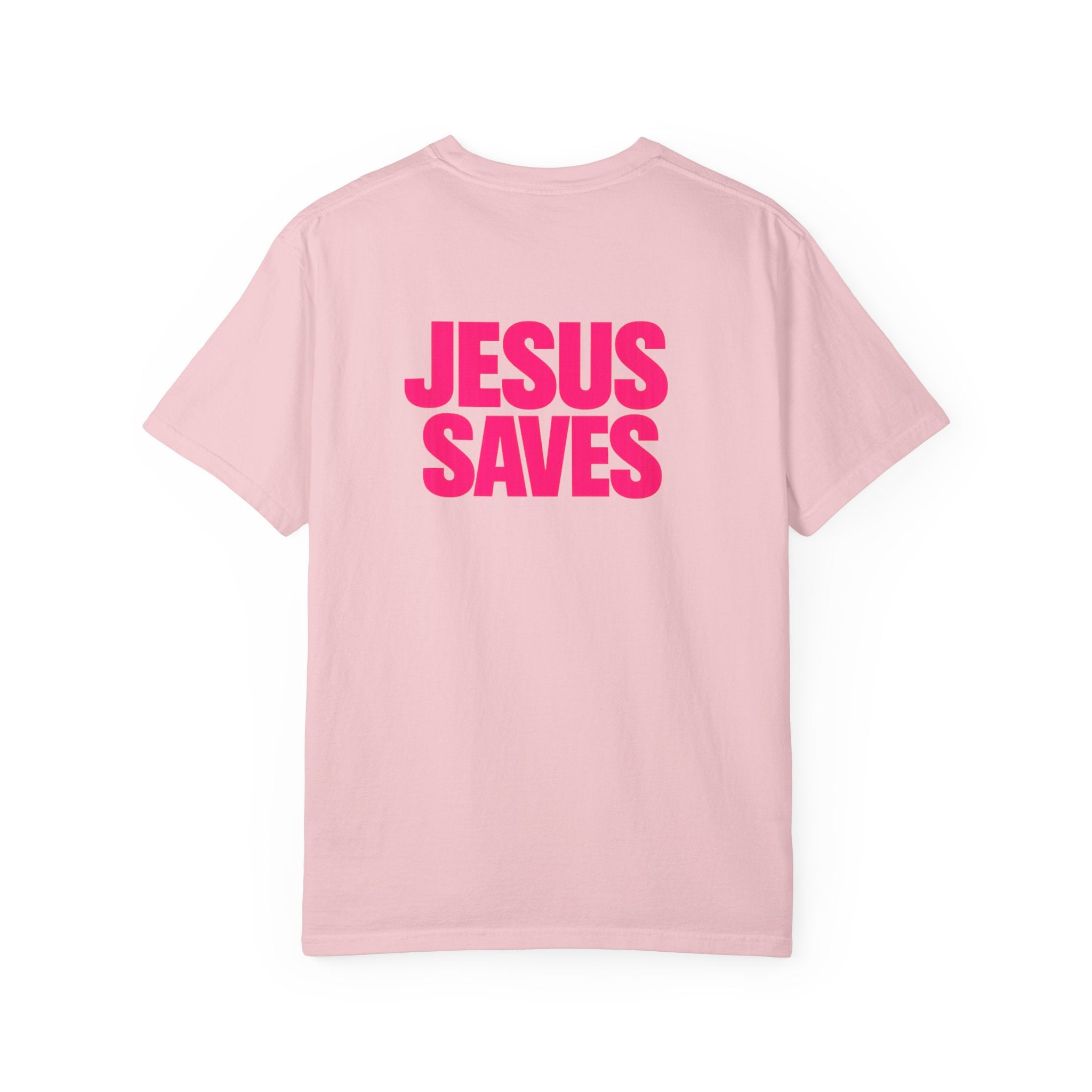 Jesus Saves T‑Shirt — Bold Pink Faith Graphic Tee Printify
