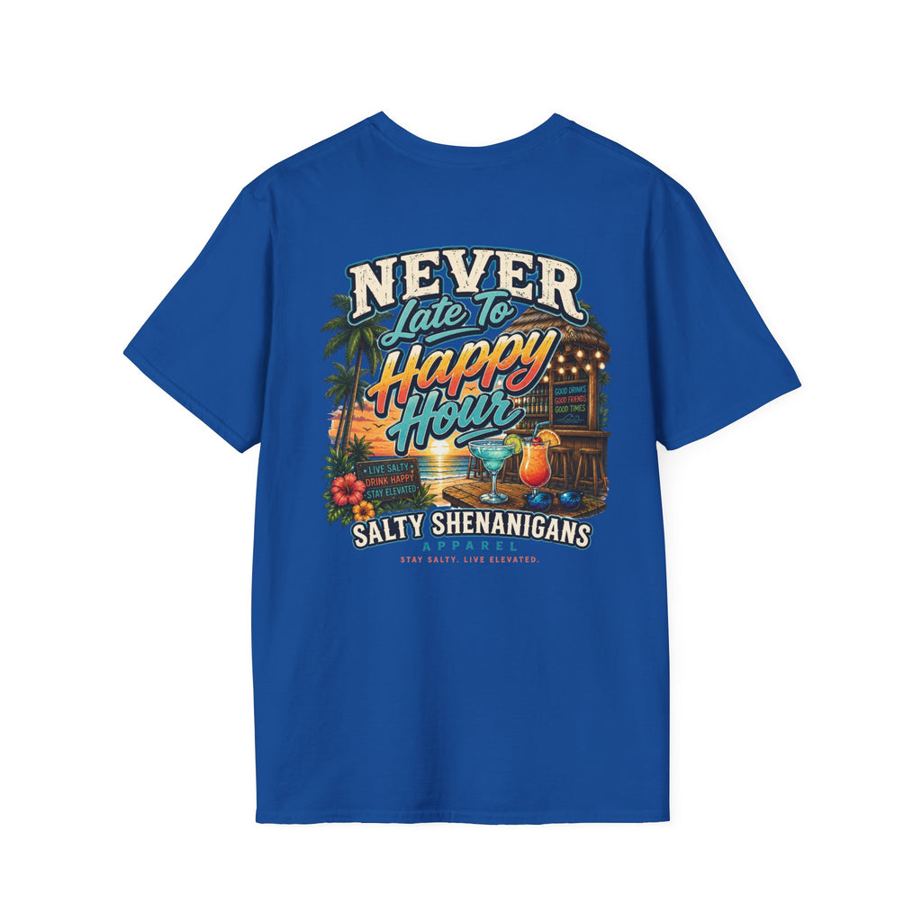 Never Late to Happy Hour Coastal Sunset Tee Printify