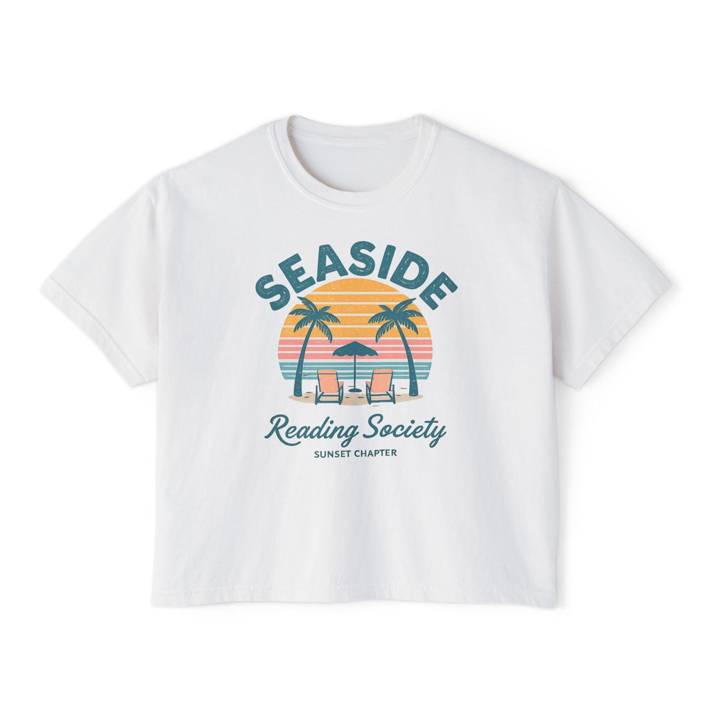 Seaside Reading Society Women's Boxy Tee — Beach Sunset Palm Graphic Printify