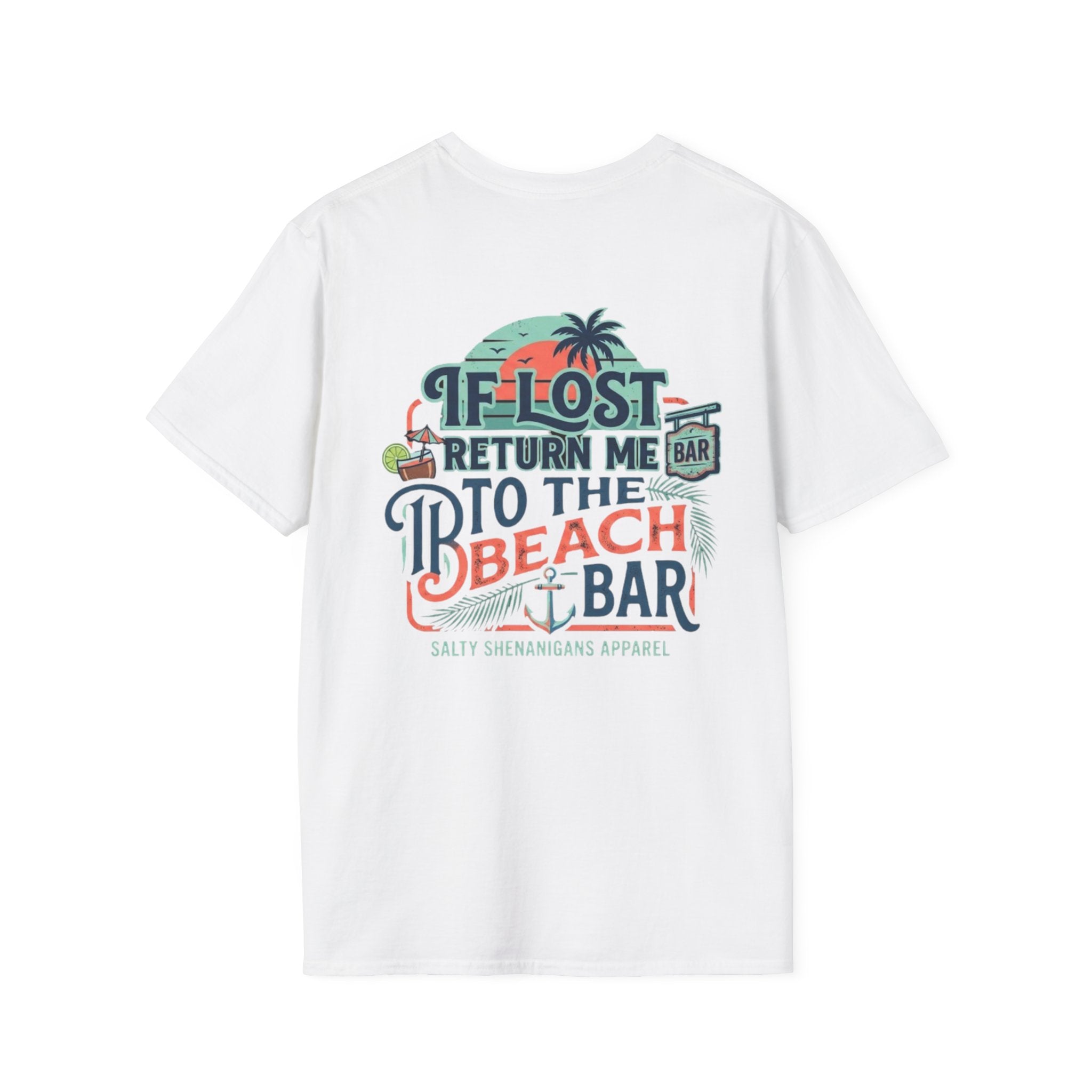 If Lost Return Me To The Beach Bar T-Shirt | Funny Coastal Vacation Graphic Tee | Gildan 64000 | Salty Shenanigans Apparel Printify