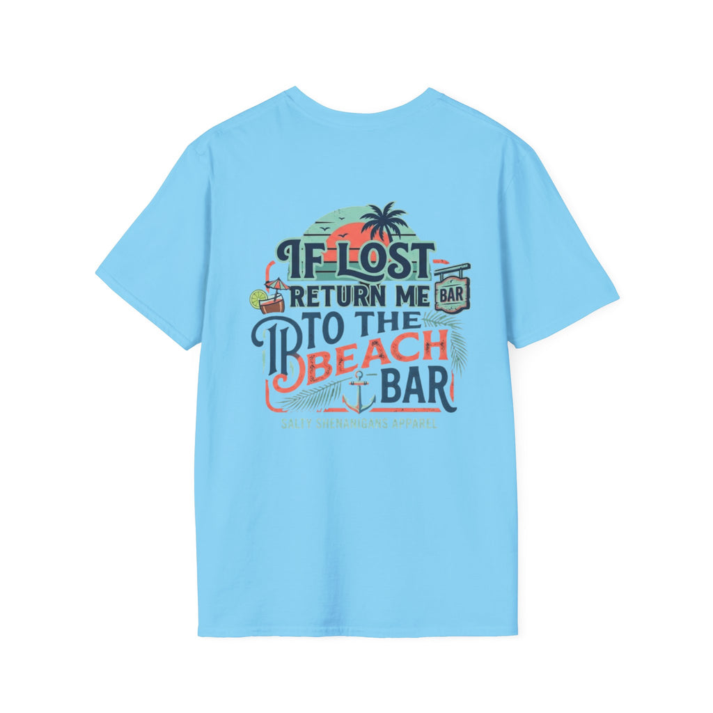 If Lost Return Me To The Beach Bar T-Shirt | Funny Coastal Vacation Graphic Tee | Gildan 64000 | Salty Shenanigans Apparel Printify