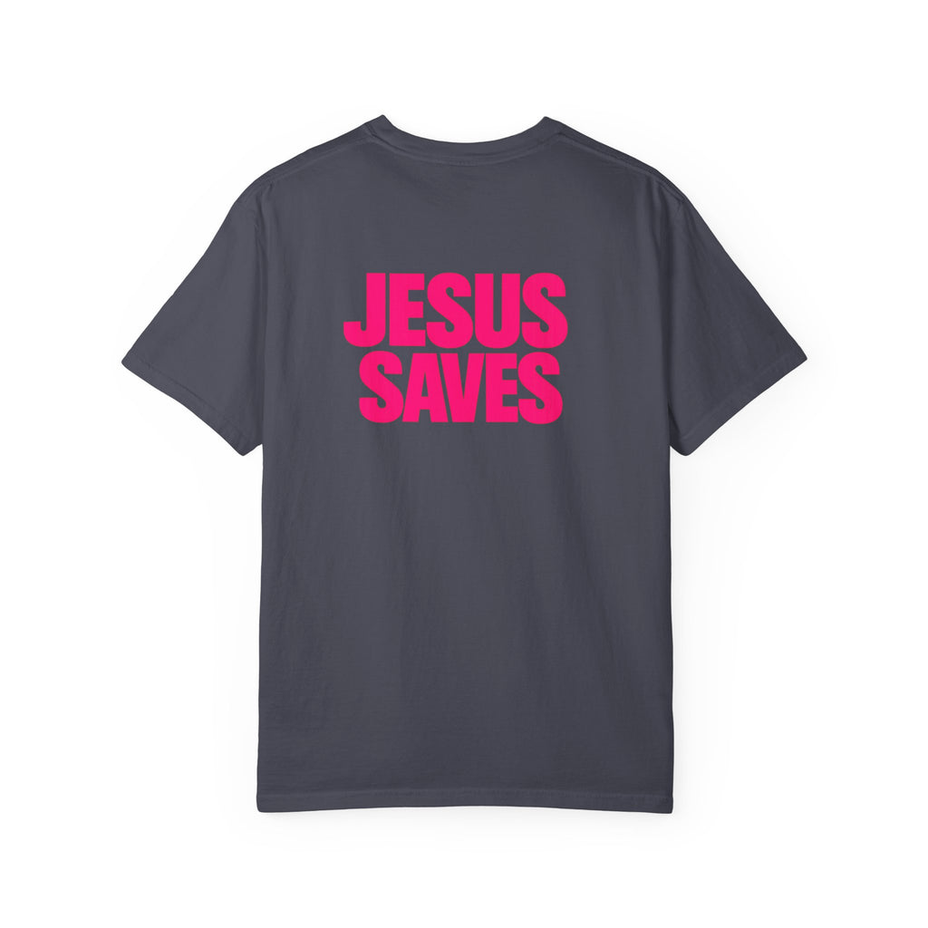 Jesus Saves T‑Shirt — Bold Pink Faith Graphic Tee Printify