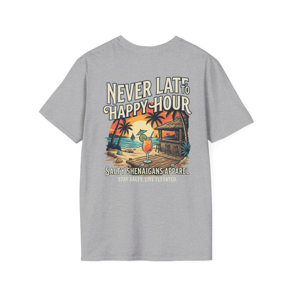 Never Late To Happy Hour Coastal Graphic Tee | Salty Shenanigans Apparel Printify