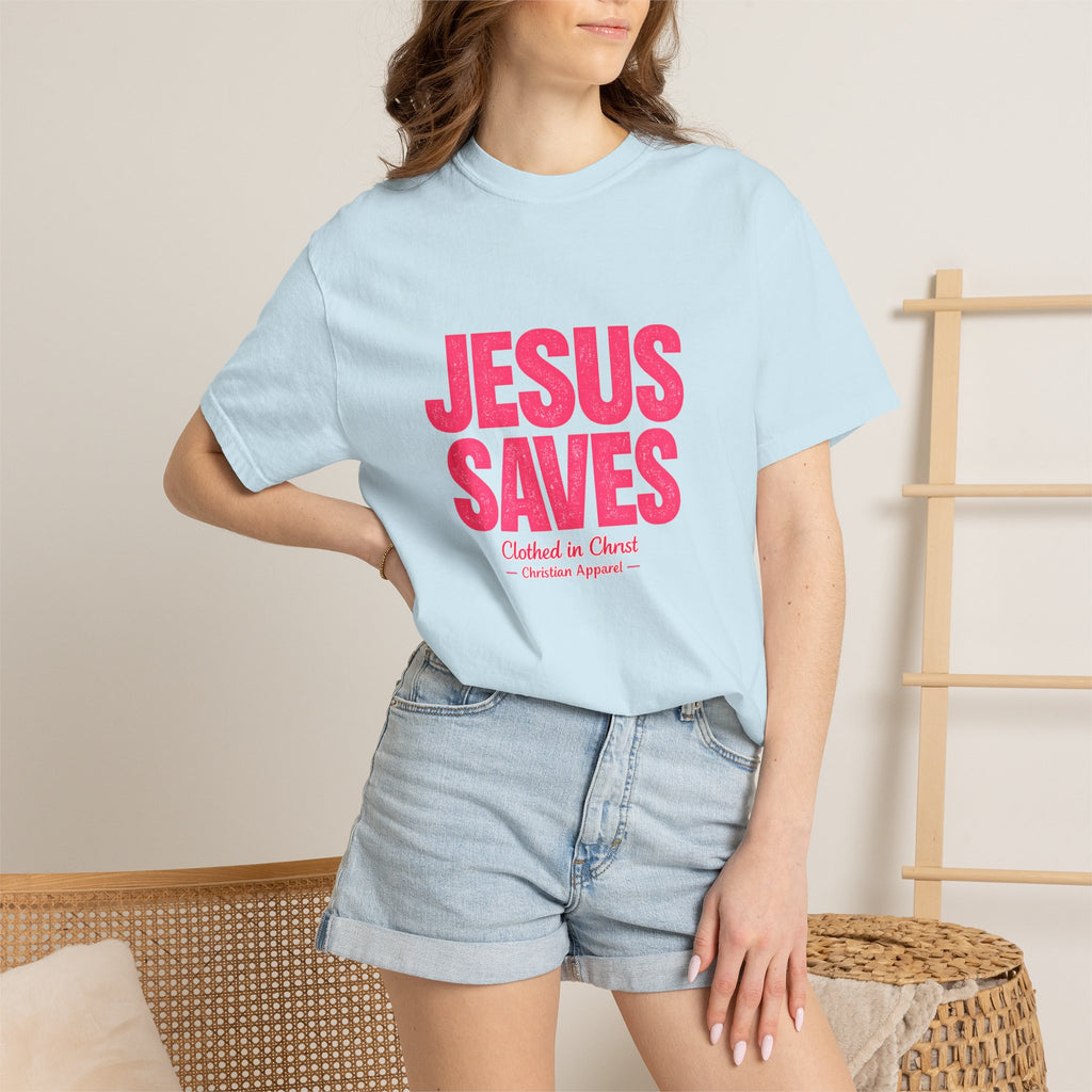 Clothed In Christ -Jesus Saves T-Shirt — Bold Pink Christian Faith Tee Printify