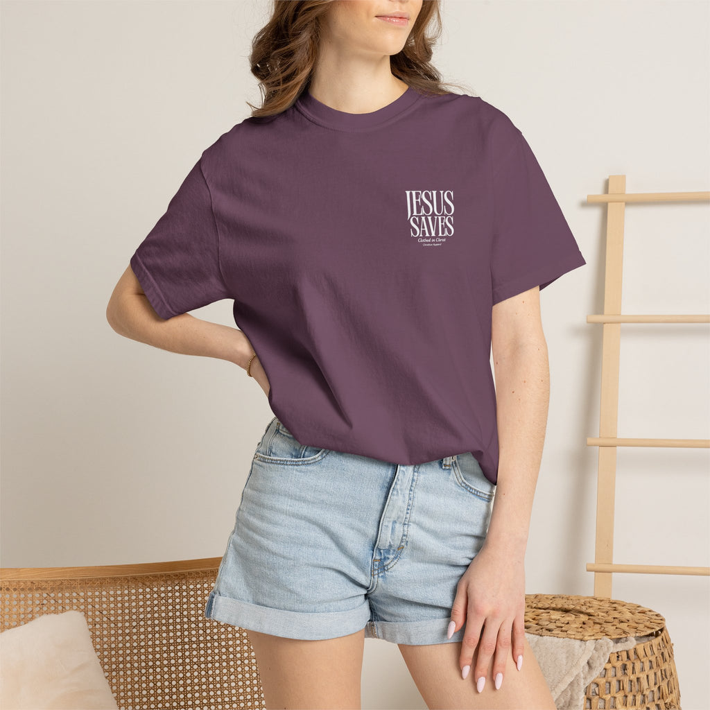 Jesus Saves T-Shirt — Minimal Embossed Religious Tee Printify