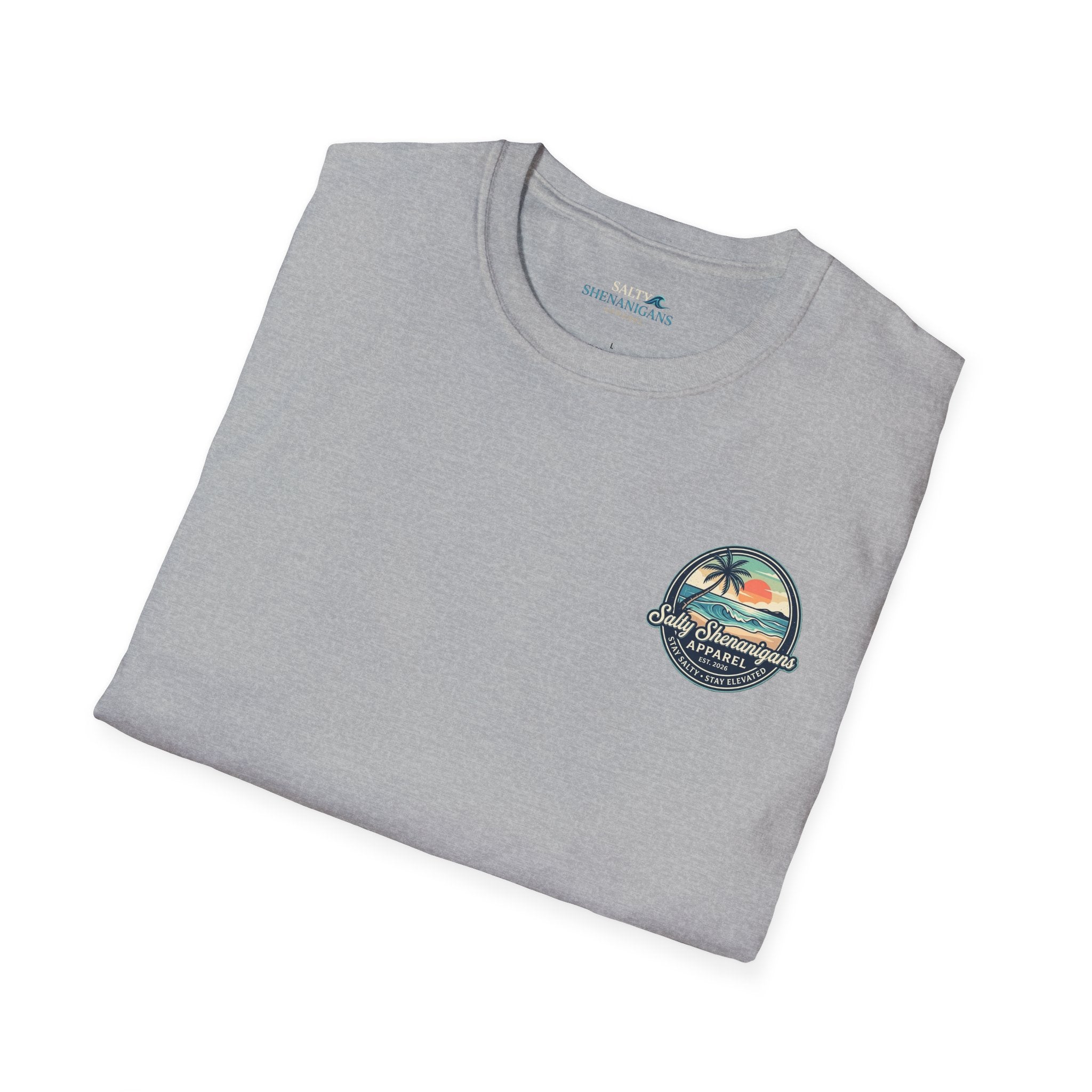 Salty Shenanigans Vintage Coastal Sunset Logo Printify