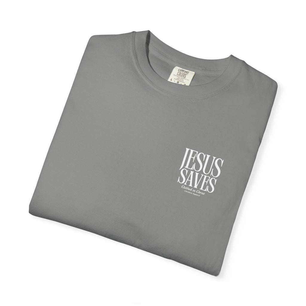 Jesus Saves T-Shirt — Minimal Embossed Religious Tee Printify