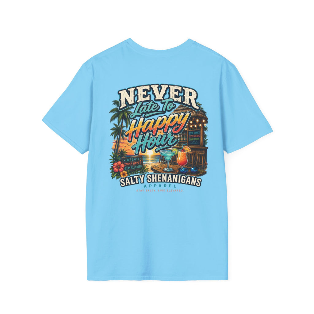Never Late to Happy Hour Coastal Sunset Tee Printify