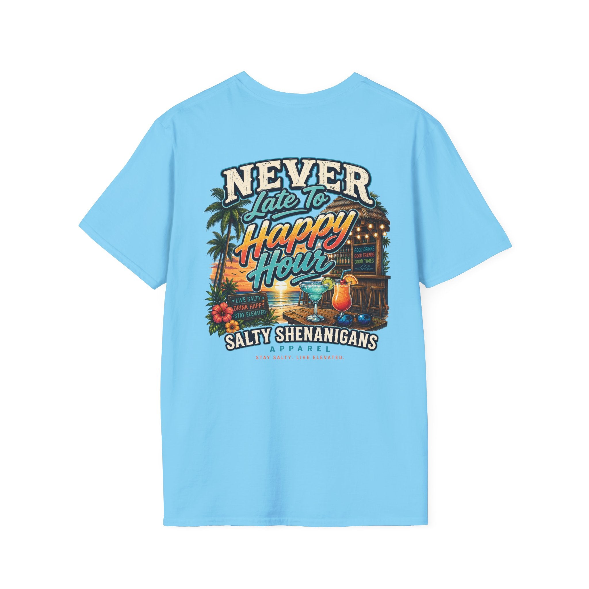 Never Late to Happy Hour Coastal Sunset Tee Printify