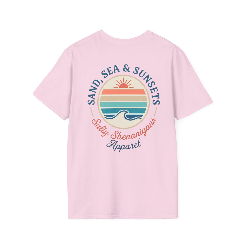Salty Shenanigans Apparel Sand, Sea & Sunsets T-Shirt Printify
