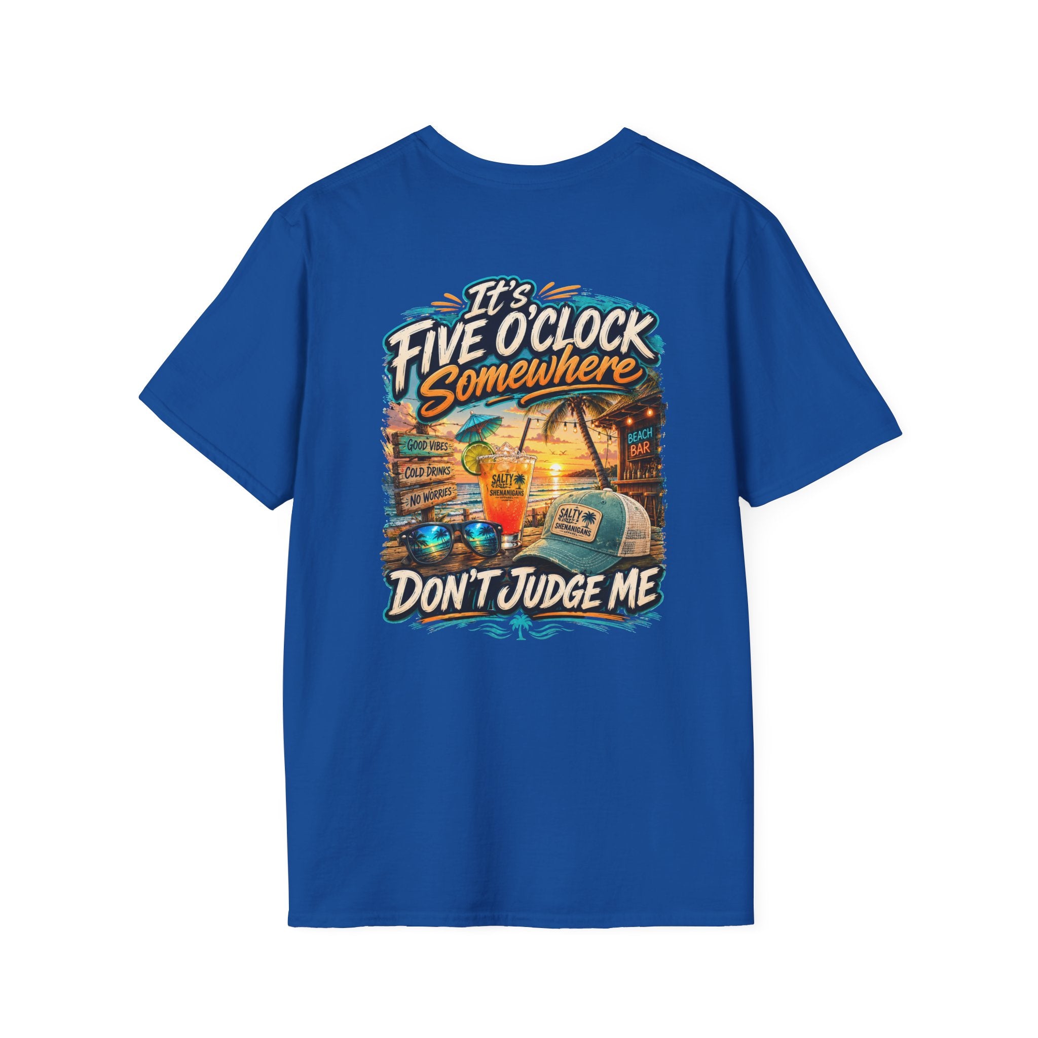 It's Five O'Clock Somewhere, Don't Judge Me | Funny Beach Bar Graphic Tee Printify