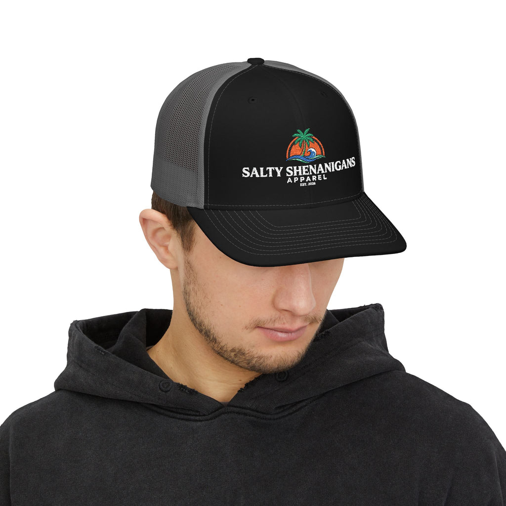 Salty Shenanigans Apparel Coastal Palm Wave Logo Collection | Premium Beach Lifestyle Trucker Hat & Graphic Tee | Richardson 112 Inspired Printify