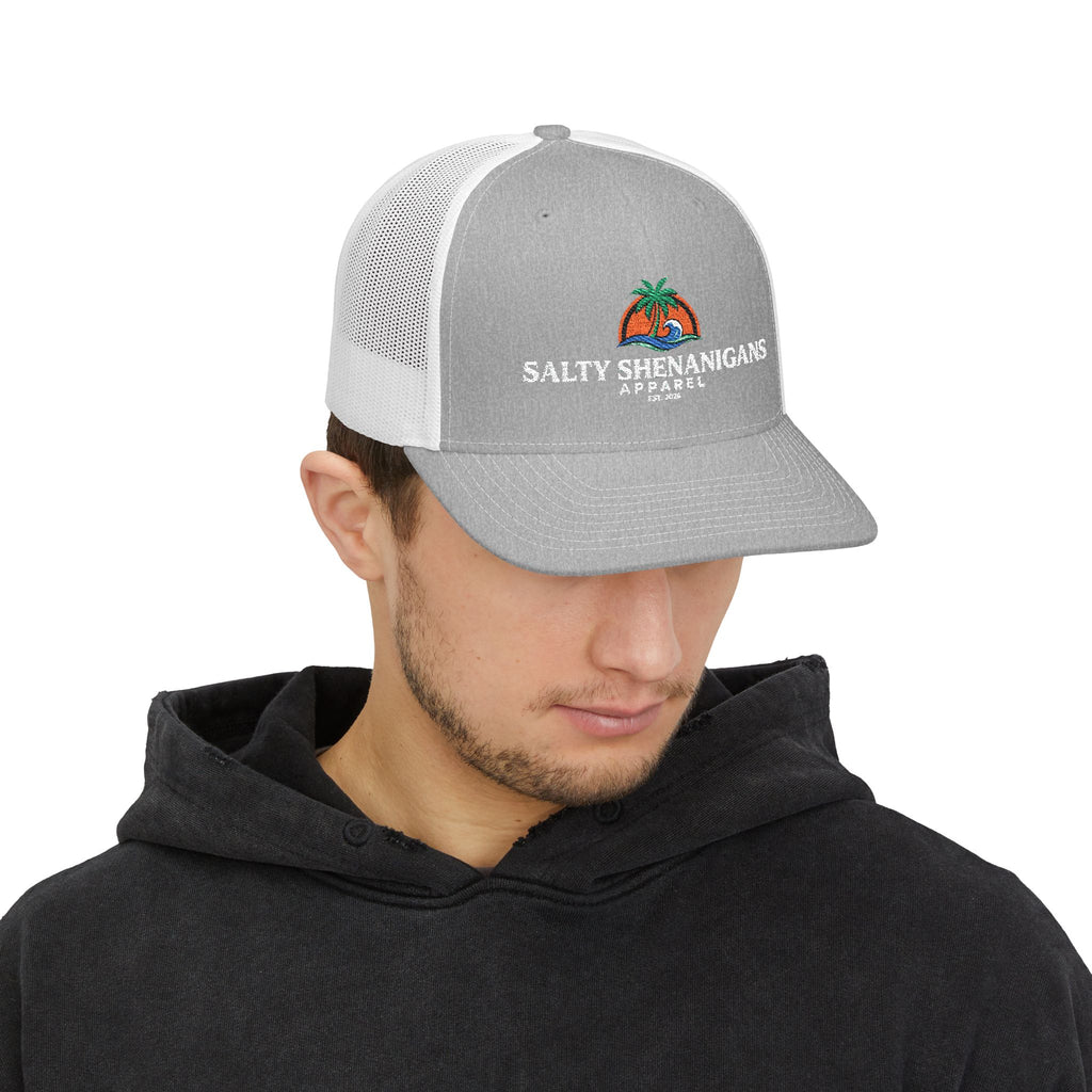 Salty Shenanigans Apparel Coastal Palm Wave Logo Collection | Premium Beach Lifestyle Trucker Hat & Graphic Tee | Richardson 112 Inspired Printify