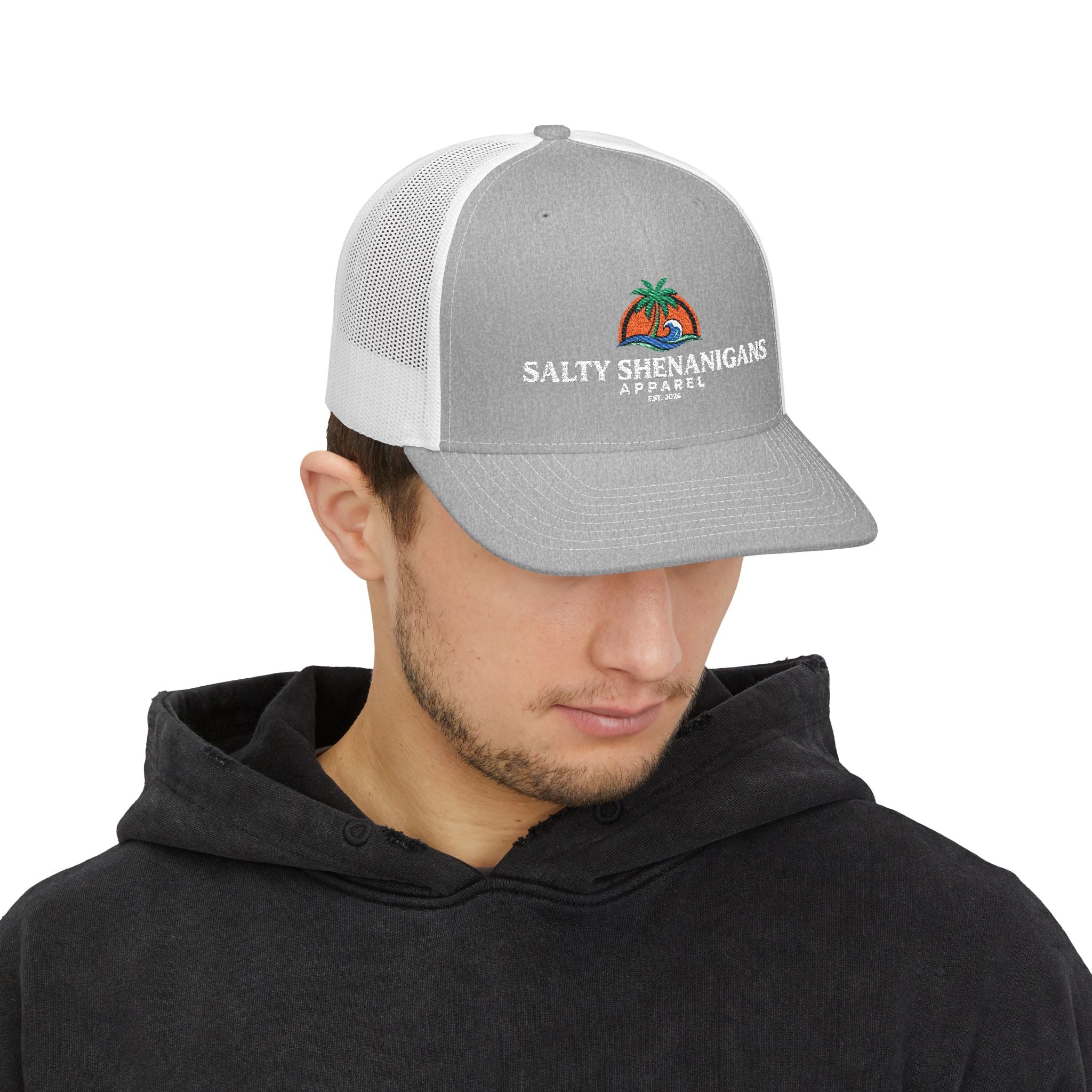 Salty Shenanigans Apparel Coastal Palm Wave Logo Collection | Premium Beach Lifestyle Trucker Hat & Graphic Tee | Richardson 112 Inspired Printify