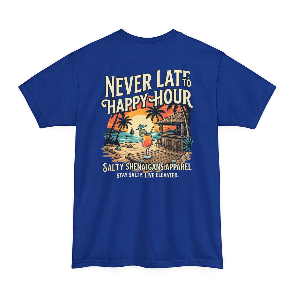 Never Late to Happy Hour – Funny Beach Bar Graphic Tee | Hanes Beefy-T Adult T-Shirt Printify