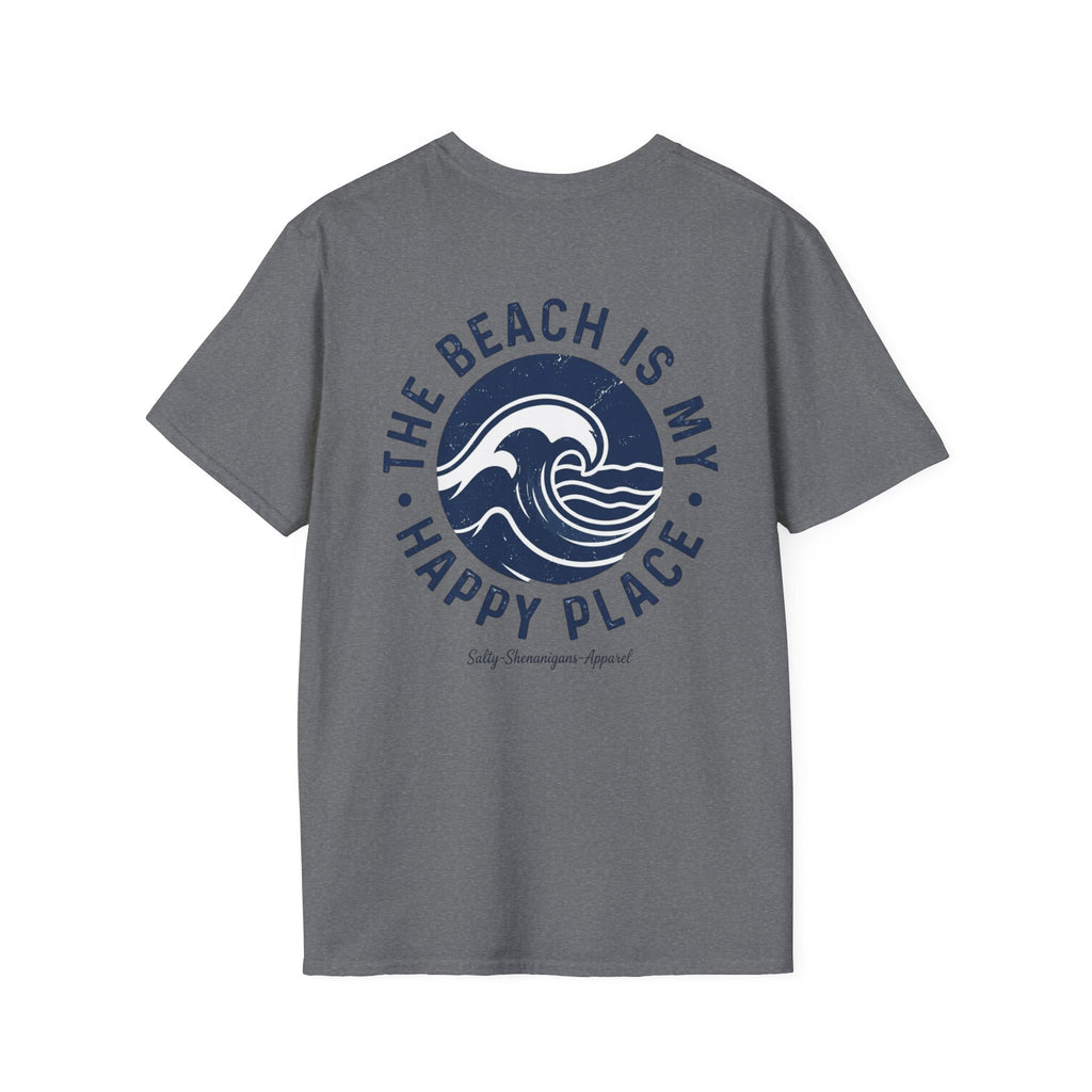 Salty Shenanigans Apparel The Beach Is My Happy Place T-Shirt Printify