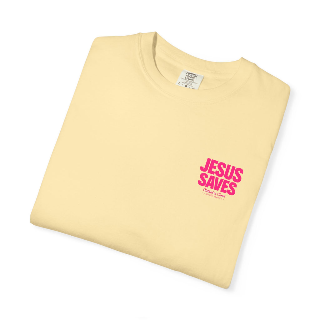 Jesus Saves T‑Shirt — Bold Pink Faith Graphic Tee Printify