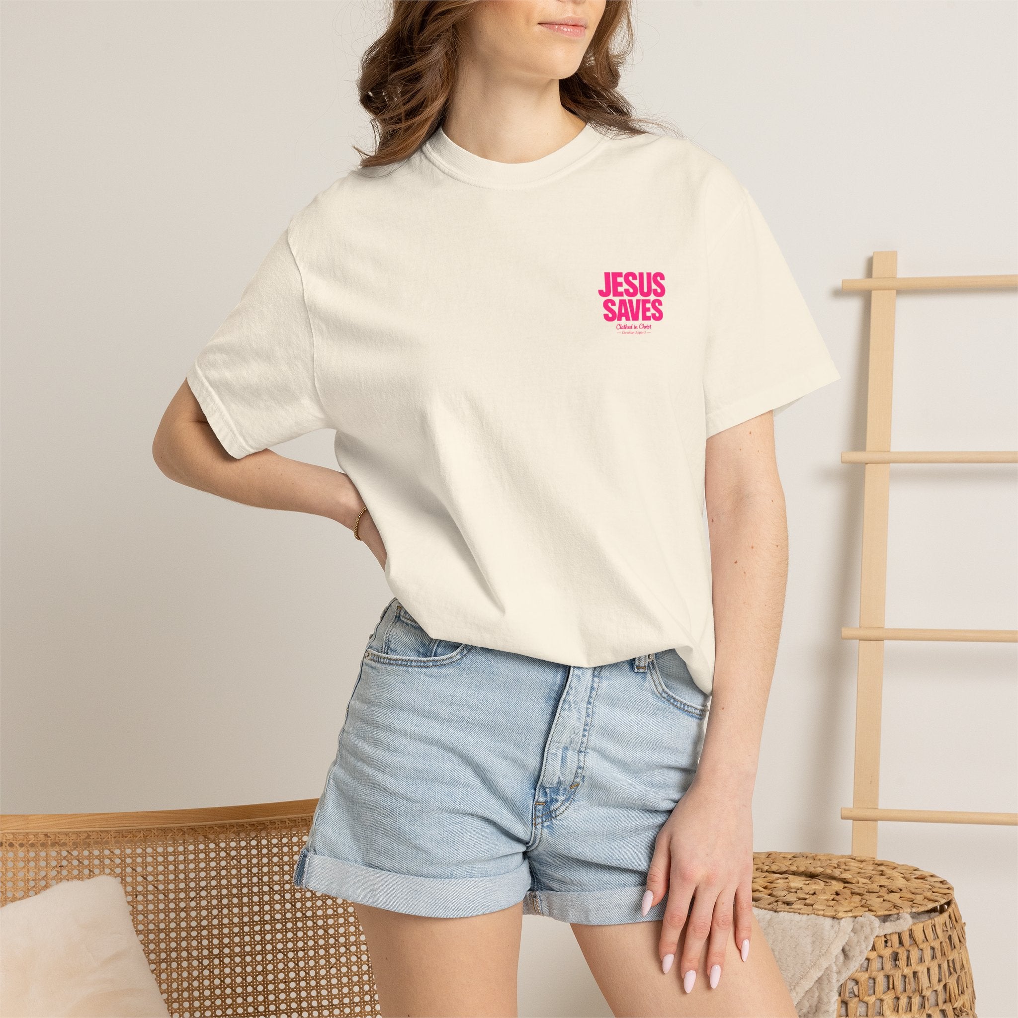 Jesus Saves T‑Shirt — Bold Pink Faith Graphic Tee Printify