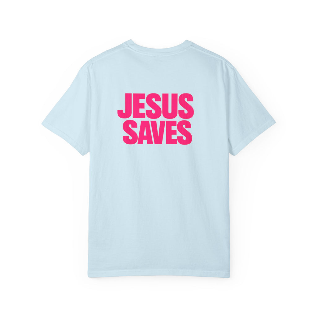 Jesus Saves T‑Shirt — Bold Pink Faith Graphic Tee Printify