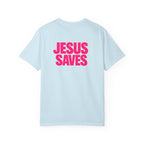 Jesus Saves T‑Shirt — Bold Pink Faith Graphic Tee Printify