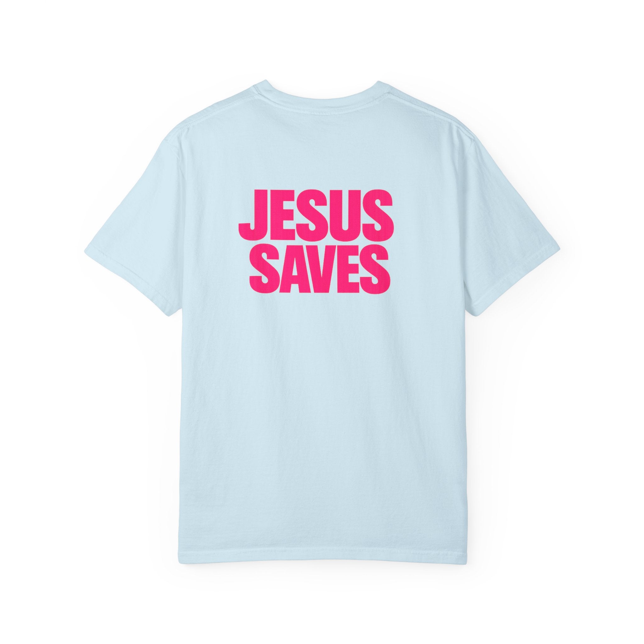 Jesus Saves T‑Shirt — Bold Pink Faith Graphic Tee Printify