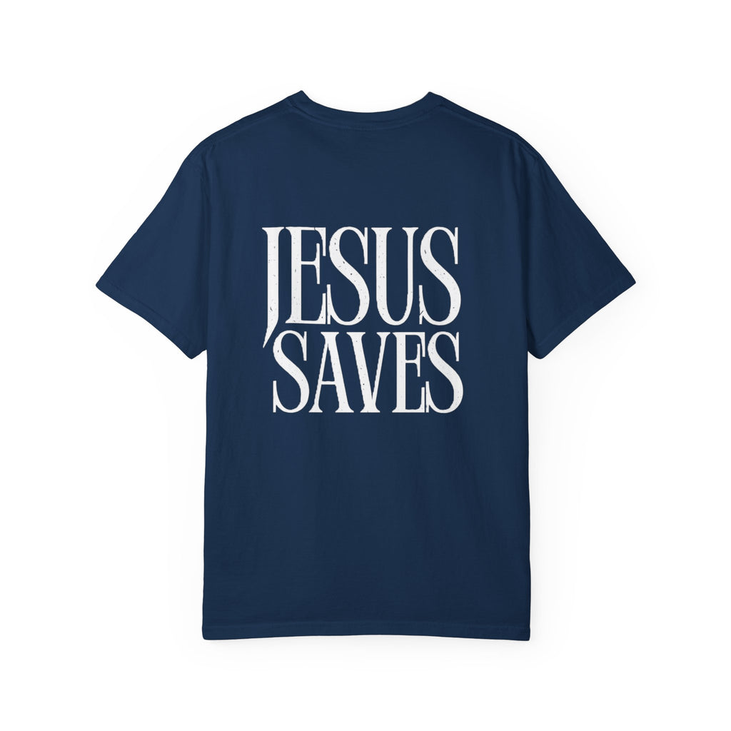 Jesus Saves T-Shirt — Minimal Embossed Religious Tee Printify