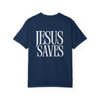 Jesus Saves T-Shirt — Minimal Embossed Religious Tee Printify