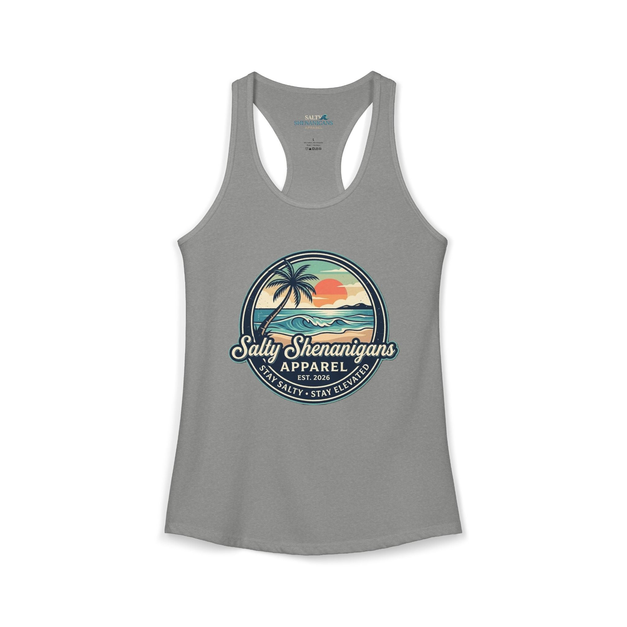 Salty Shenanigans Vintage Coastal Sunset Logo Women's Racerback Tank Printify