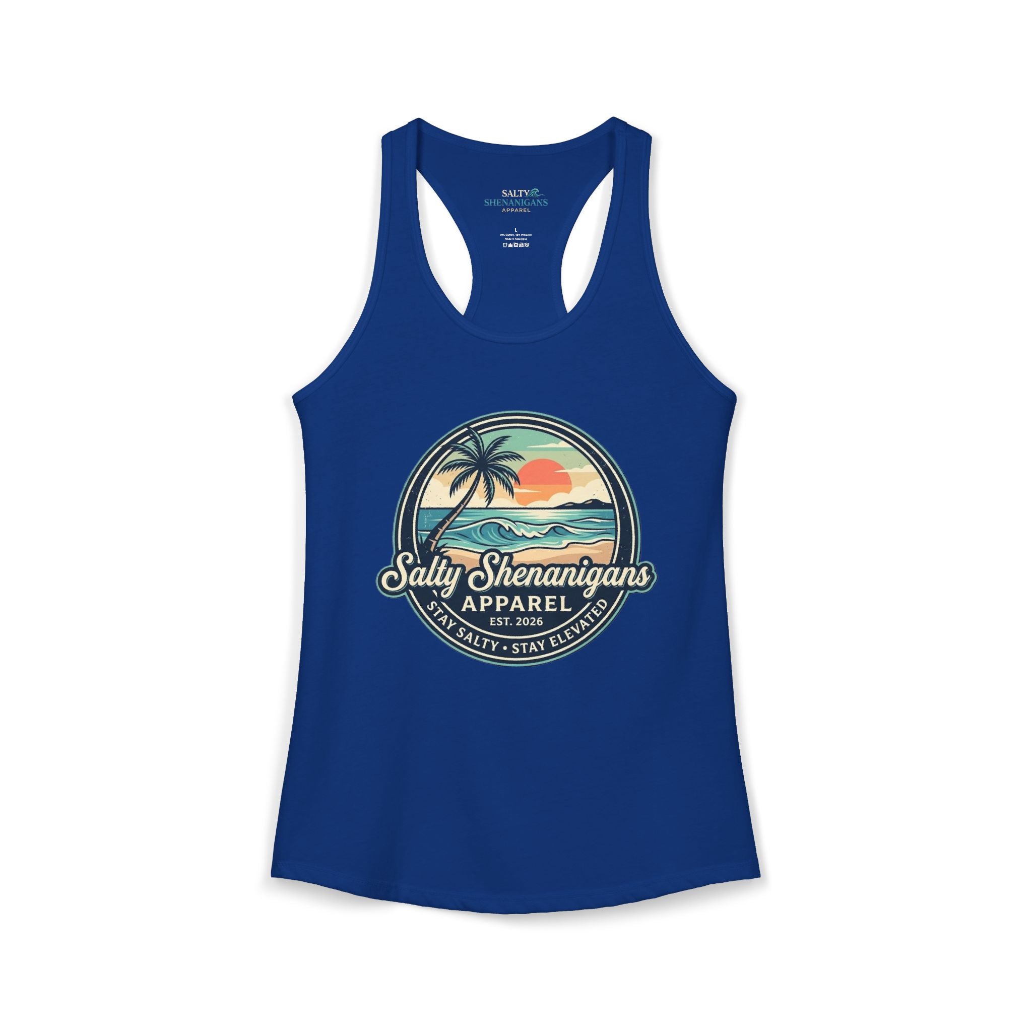 Salty Shenanigans Vintage Coastal Sunset Logo Women's Racerback Tank Printify