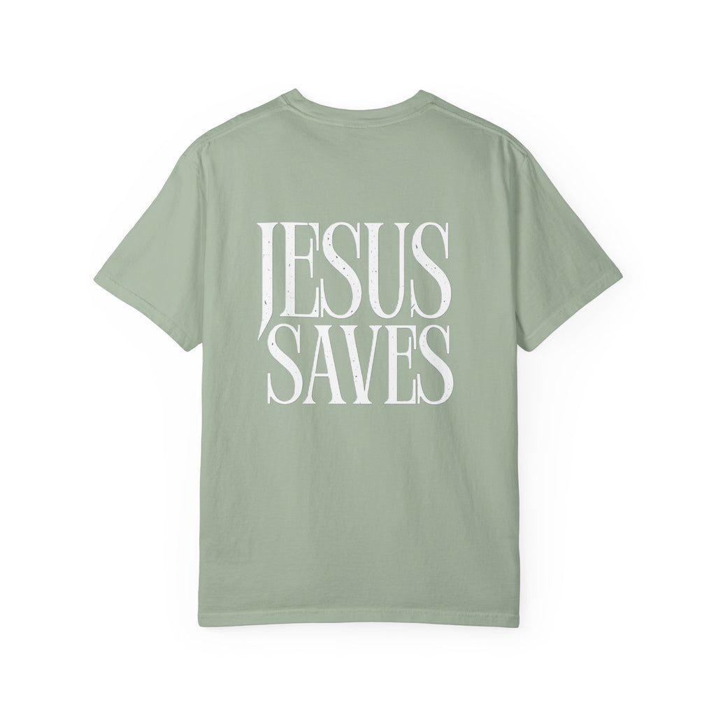 Jesus Saves T-Shirt — Minimal Embossed Religious Tee Printify