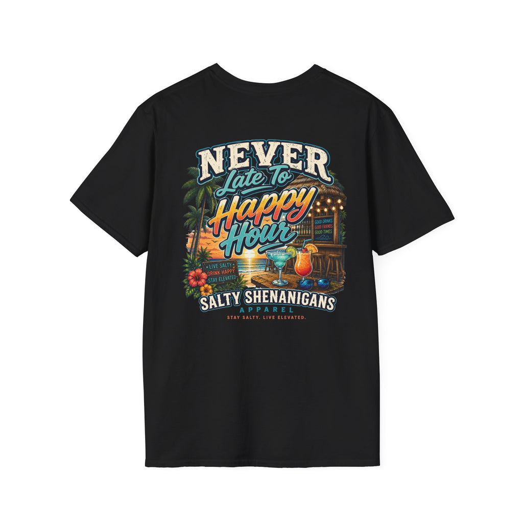 Never Late to Happy Hour Coastal Sunset Tee Printify