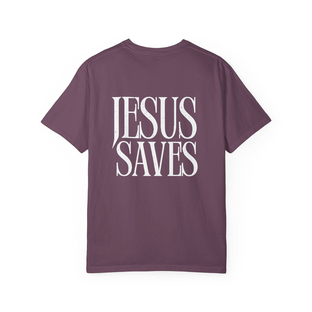 Jesus Saves T-Shirt — Minimal Embossed Religious Tee Printify