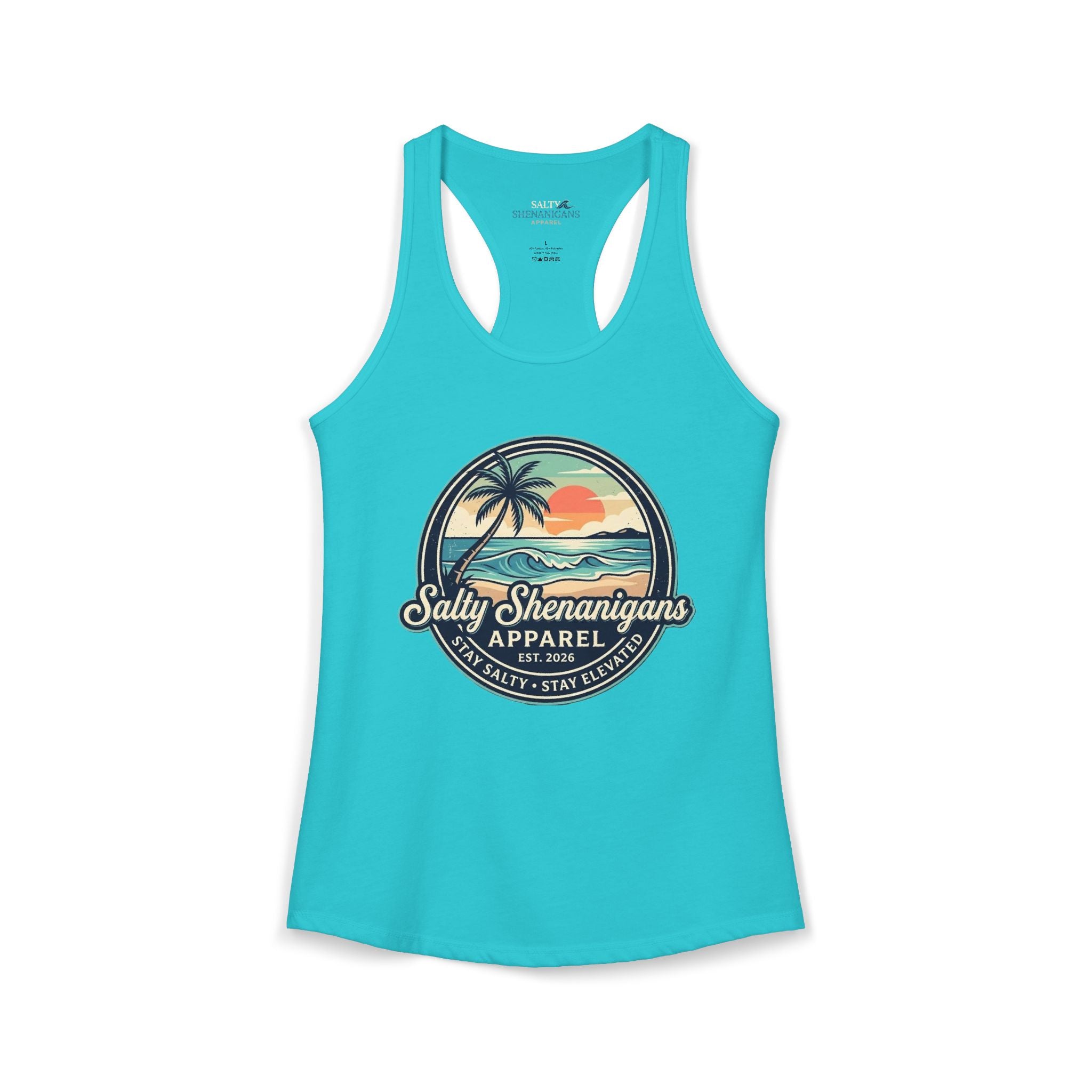 Salty Shenanigans Vintage Coastal Sunset Logo Women's Racerback Tank Printify