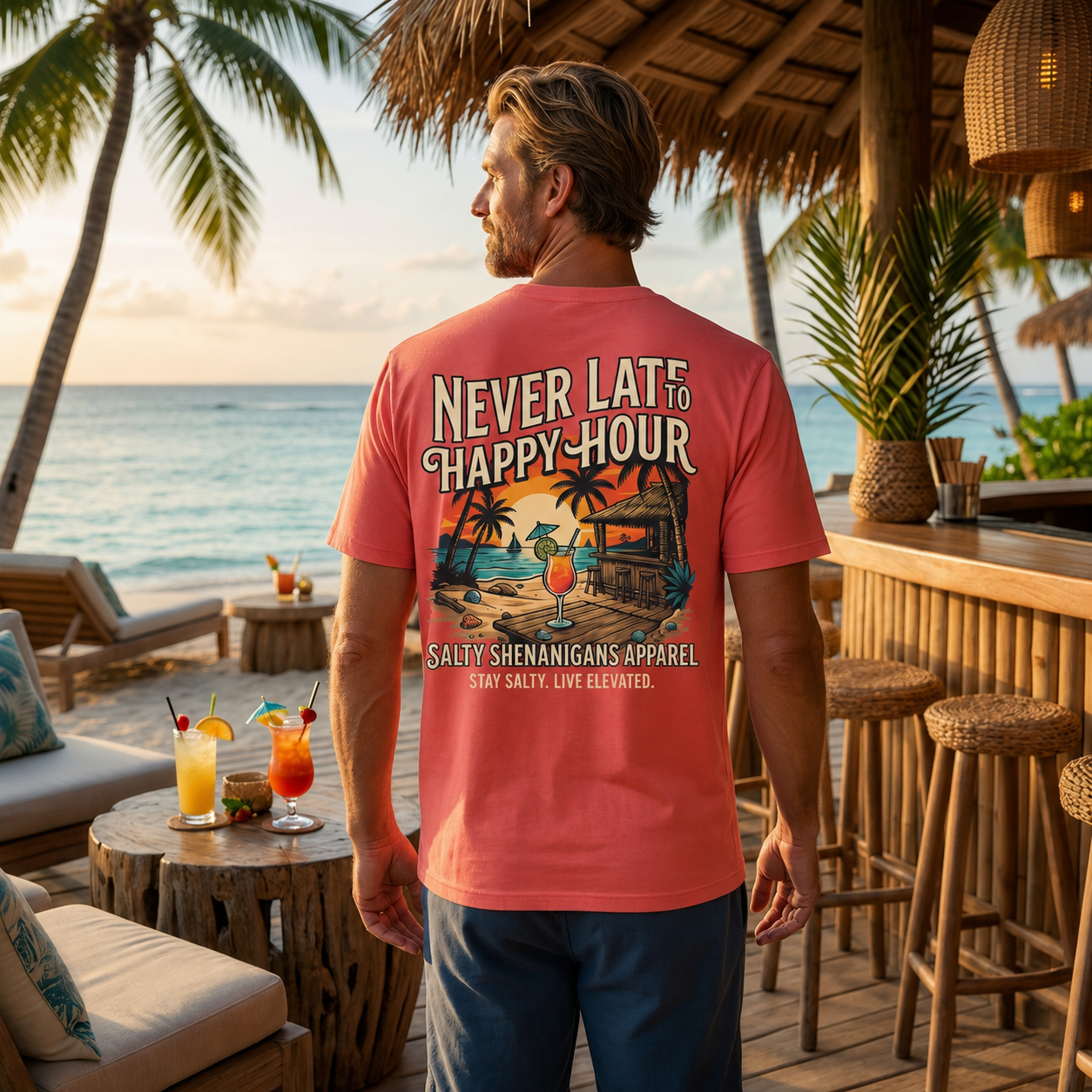 Never Late To Happy Hour Coastal Graphic Tee Printify