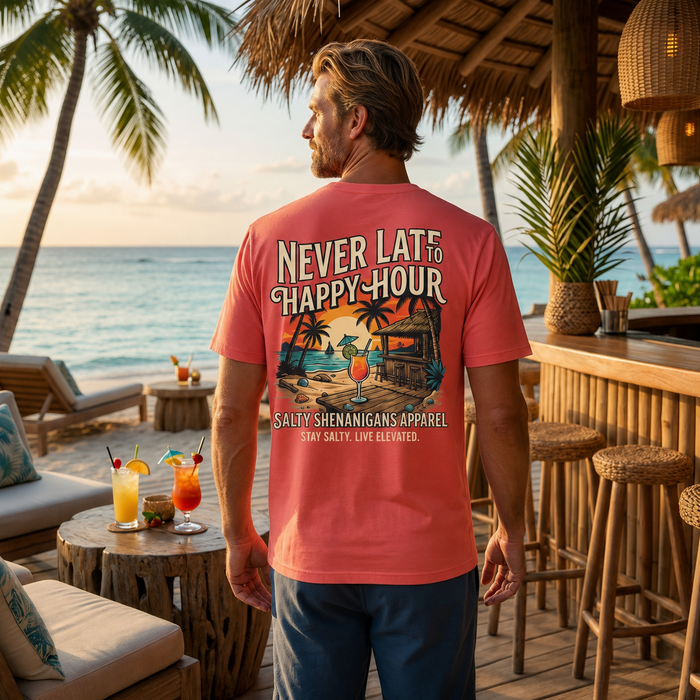 Never Late To Happy Hour Coastal Graphic Tee Printify