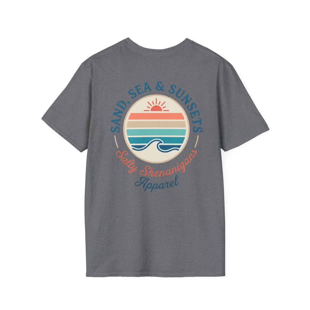 Salty Shenanigans Apparel Sand, Sea & Sunsets T-Shirt Printify
