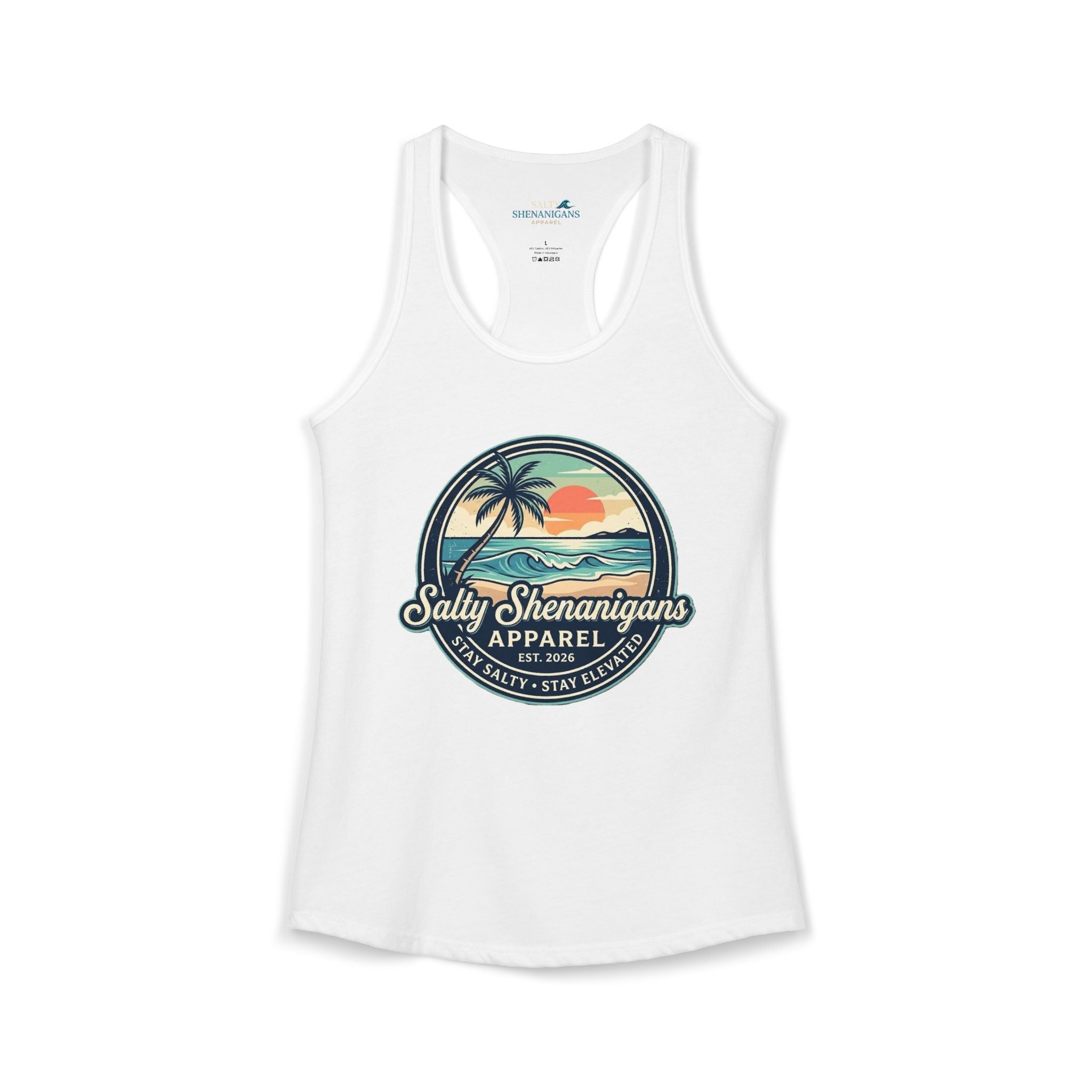 Salty Shenanigans Vintage Coastal Sunset Logo Women's Racerback Tank Printify