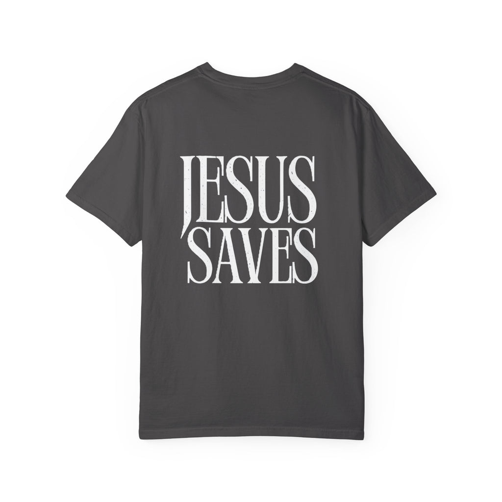 Jesus Saves T-Shirt — Minimal Embossed Religious Tee Printify