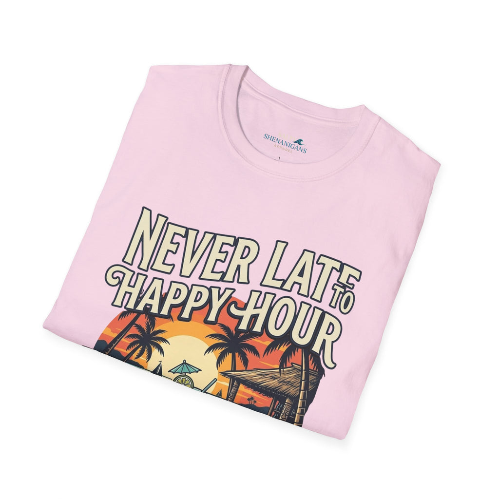 23.99 All JULY - Never Late to Happy Hour Front Graphic T-Shirt | Beach Bar Tee Printify