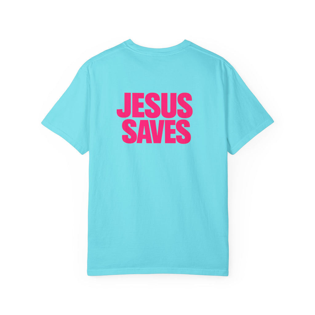 Jesus Saves T‑Shirt — Bold Pink Faith Graphic Tee Printify