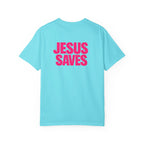Jesus Saves T‑Shirt — Bold Pink Faith Graphic Tee Printify
