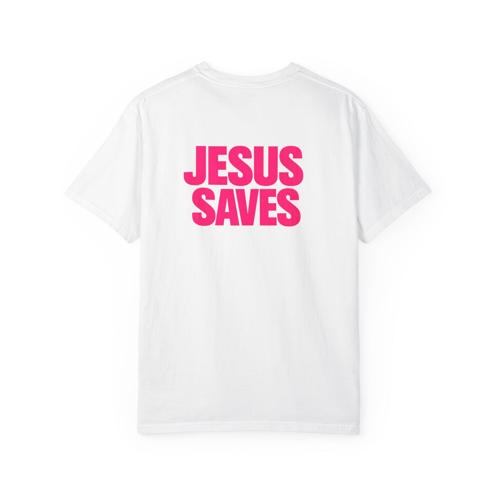 Jesus Saves T‑Shirt — Bold Pink Faith Graphic Tee Printify