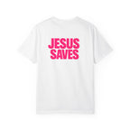 Jesus Saves T‑Shirt — Bold Pink Faith Graphic Tee Printify