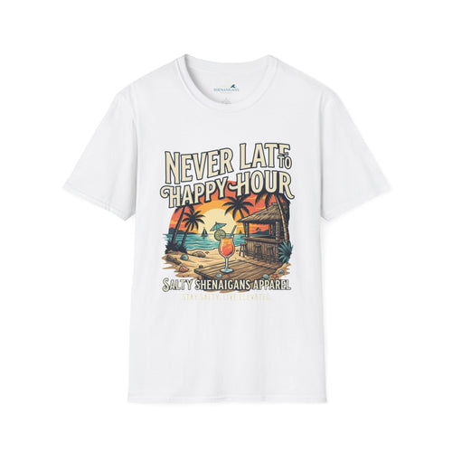 23.99 All JULY - Never Late to Happy Hour Front Graphic T-Shirt | Beach Bar Tee Printify