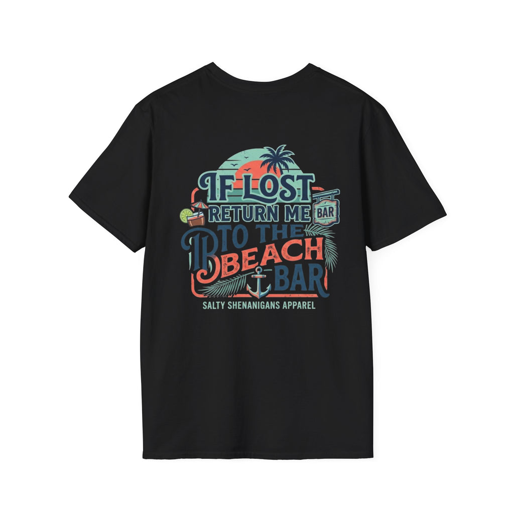 If Lost Return Me To The Beach Bar T-Shirt | Funny Coastal Vacation Graphic Tee | Gildan 64000 | Salty Shenanigans Apparel Printify