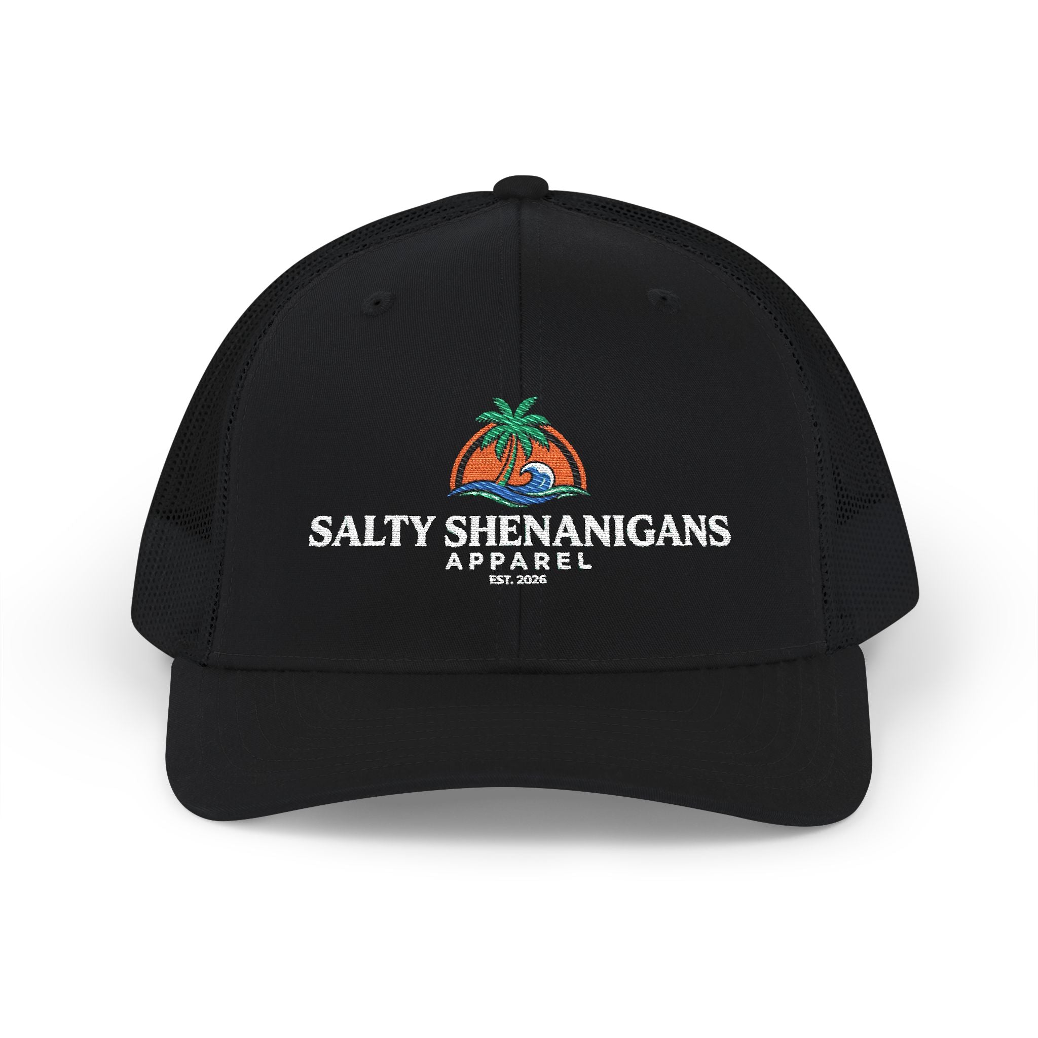 Salty Shenanigans Apparel Coastal Palm Wave Logo Collection | Premium Beach Lifestyle Trucker Hat & Graphic Tee | Richardson 112 Inspired Printify